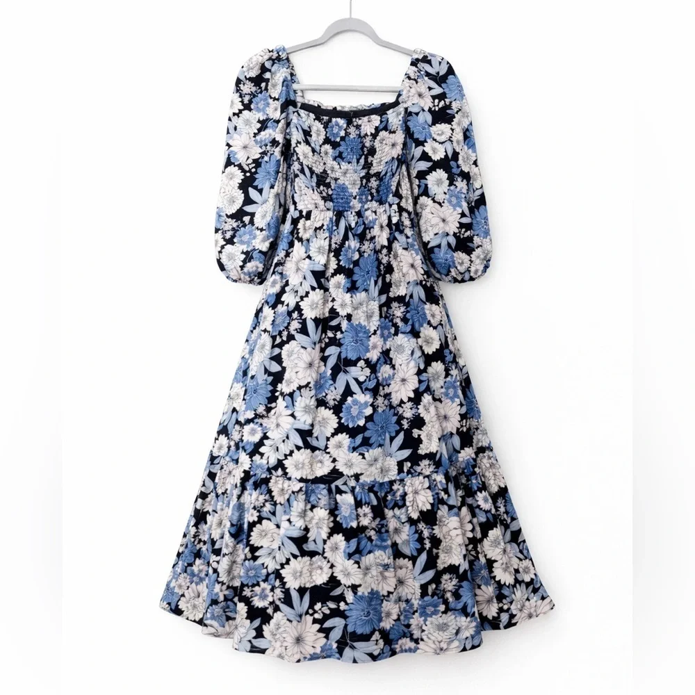 J Crew Dress Linen Daydream Zinnia Floral Cottagecore Feminine Smocked derby
